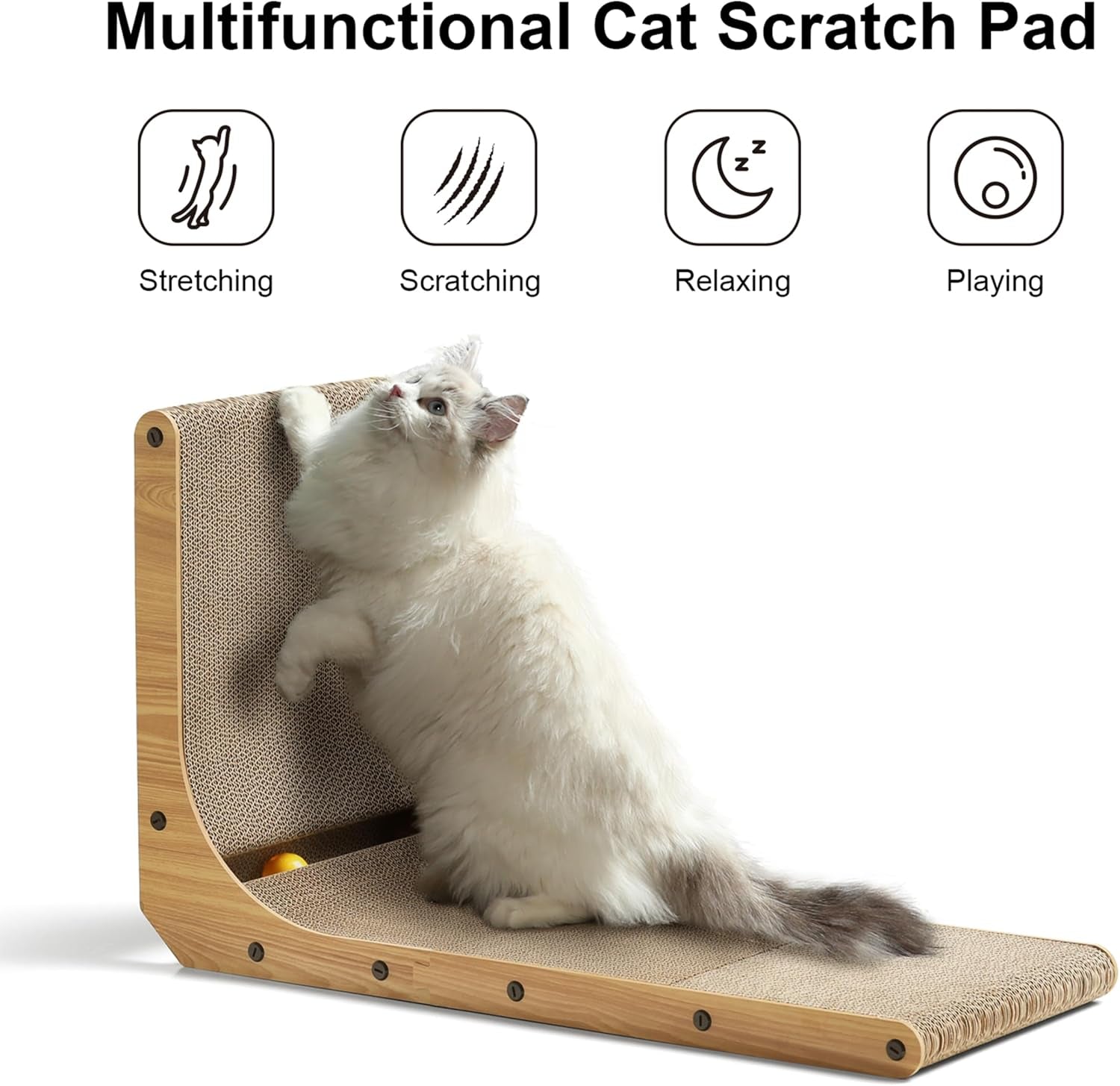 Cat Scratcher, 26.8 Inch L Shaped Cat Scratch Pad for Indoor Cats | Vertical Cat Scratching Board with Ball Cat Toy, Cardboard Cat Scratcher for Wall Sofa Couch, Kitten Scratching Post, Large