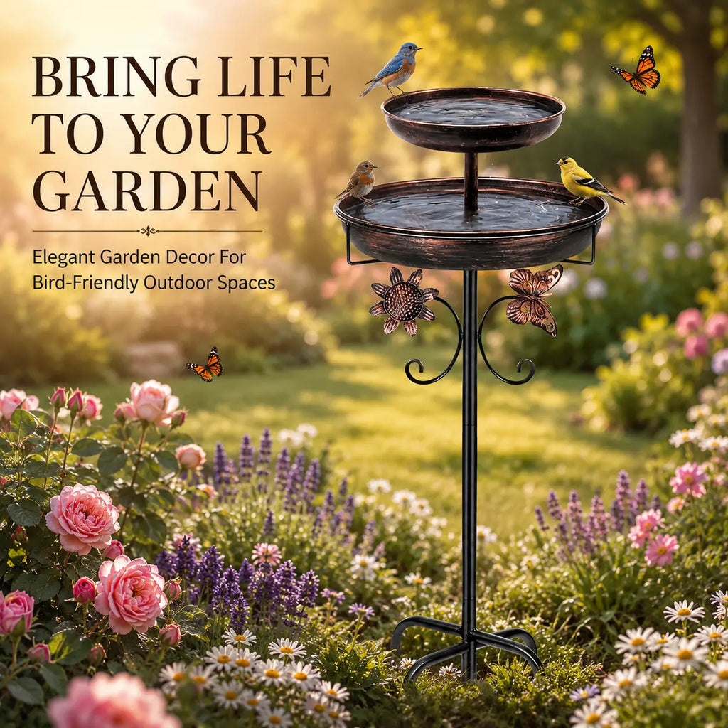 119Cm Metal Bird Bath Feeder for Outdoors, 2-Tier Bird Bath and Feeder Stand, Garden Yard Decor for Wild Birds