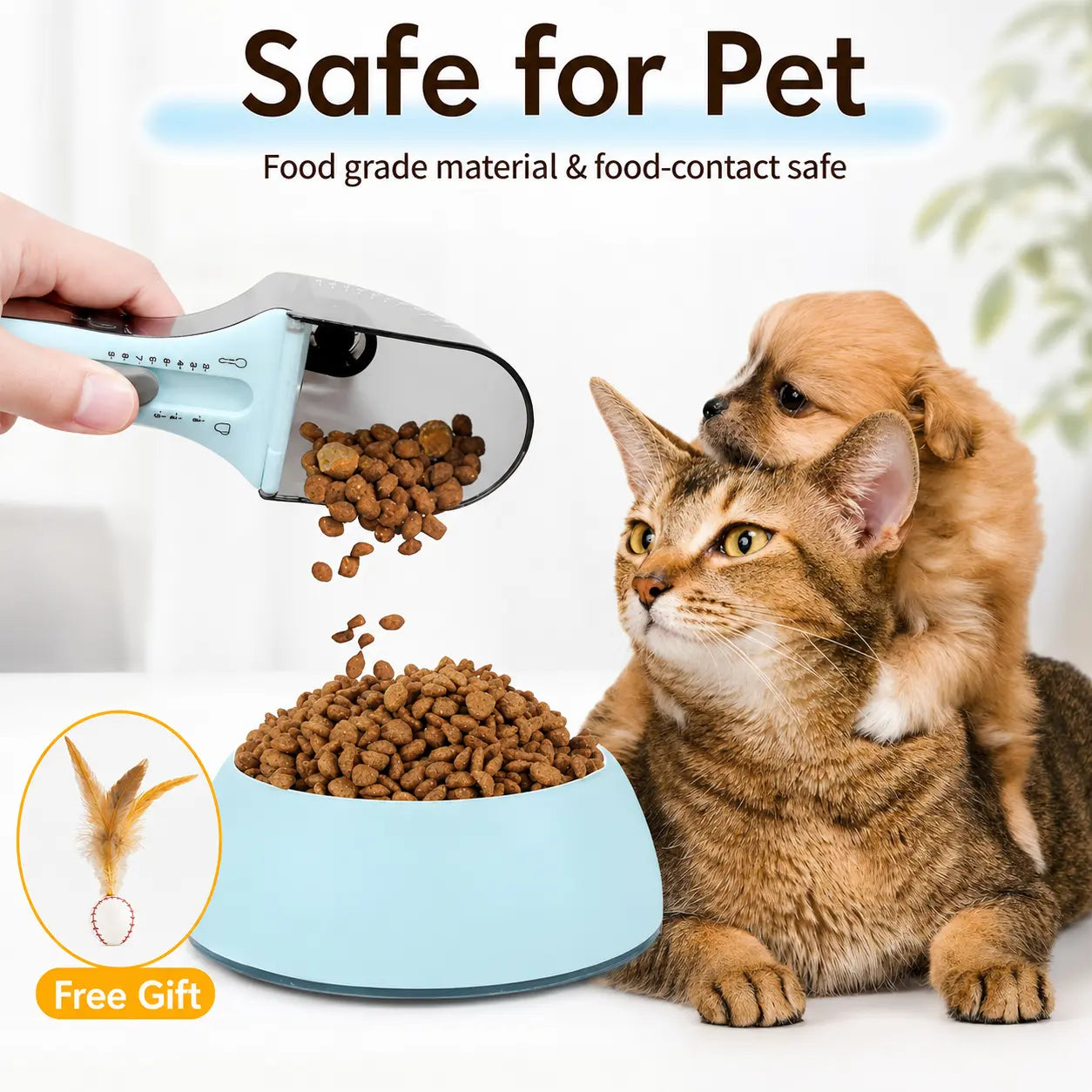 CATMUSE Adjustable Food-Grade Pet Food Scoop with Clear Measuring Scale, 1-Hand Operation Kibble Scooper for Cats & Small Dogs, Free Feather Cat Toy Included