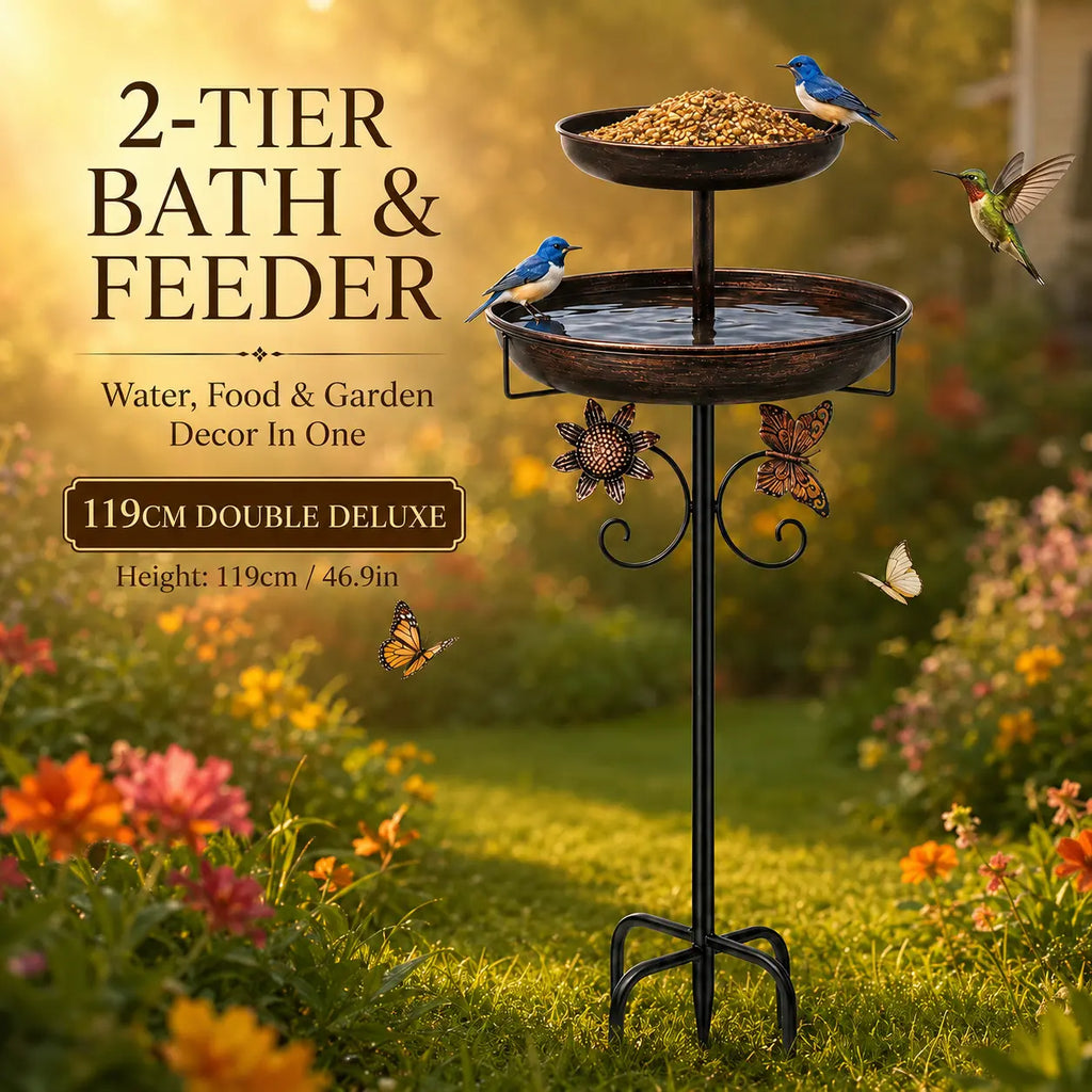 119Cm Metal Bird Bath Feeder for Outdoors, 2-Tier Bird Bath and Feeder Stand, Garden Yard Decor for Wild Birds