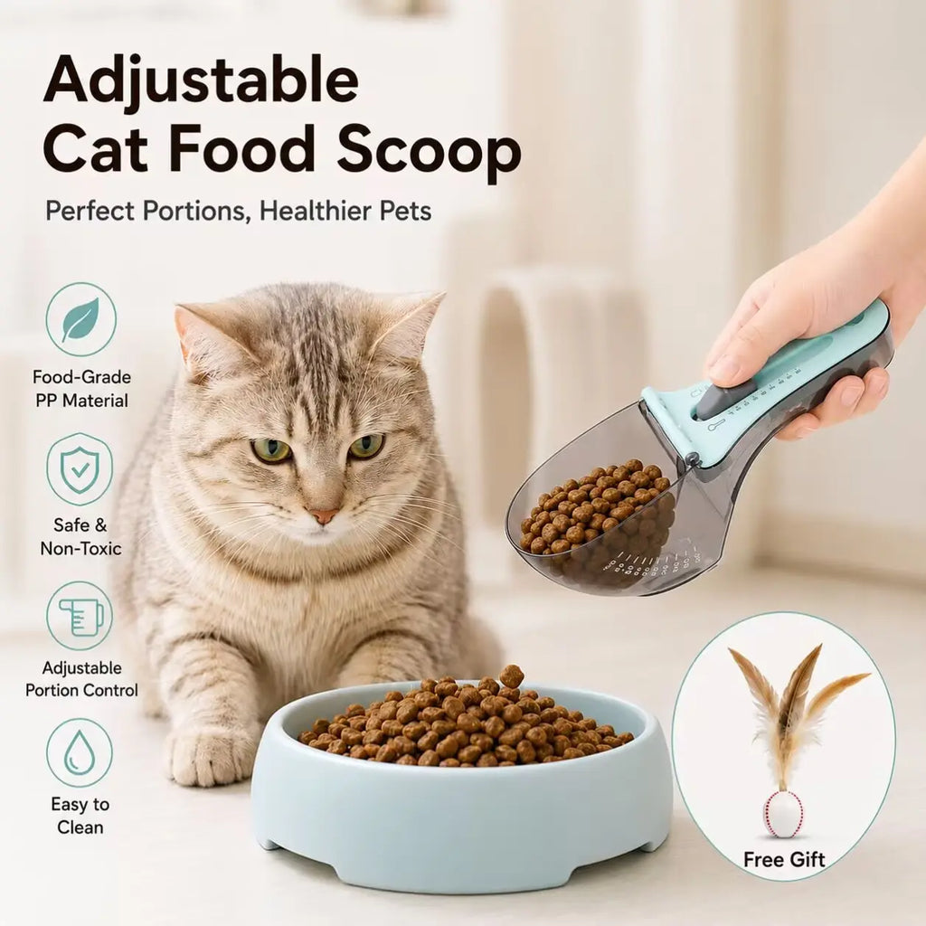 CATMUSE Adjustable Food-Grade Pet Food Scoop with Clear Measuring Scale, 1-Hand Operation Kibble Scooper for Cats & Small Dogs, Free Feather Cat Toy Included