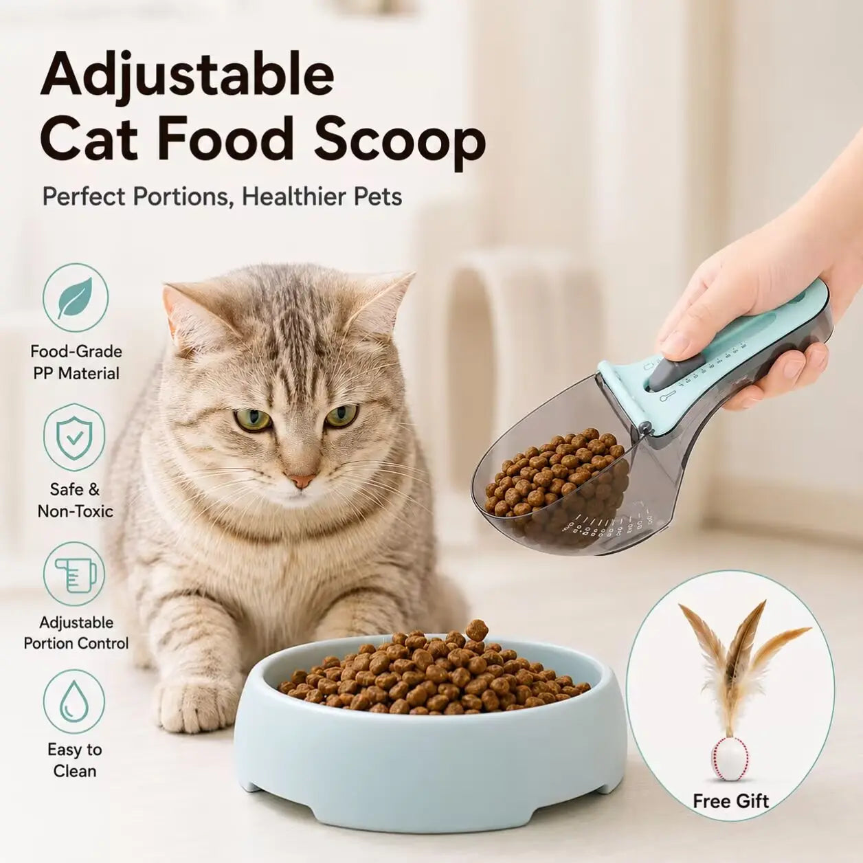 CATMUSE Adjustable Food-Grade Pet Food Scoop with Clear Measuring Scale, 1-Hand Operation Kibble Scooper for Cats & Small Dogs, Free Feather Cat Toy Included