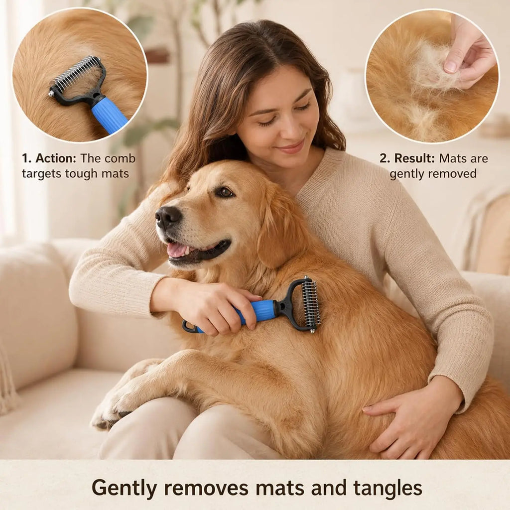 Dual-Sides Stainless Steel Dematting Slicker Comb for Cats & Dogs, Undercoat Rake Grooming Tool for Thick/Long Hair, Dematt & Remove Tangles Knots Loose Fur, Reduces Shedding