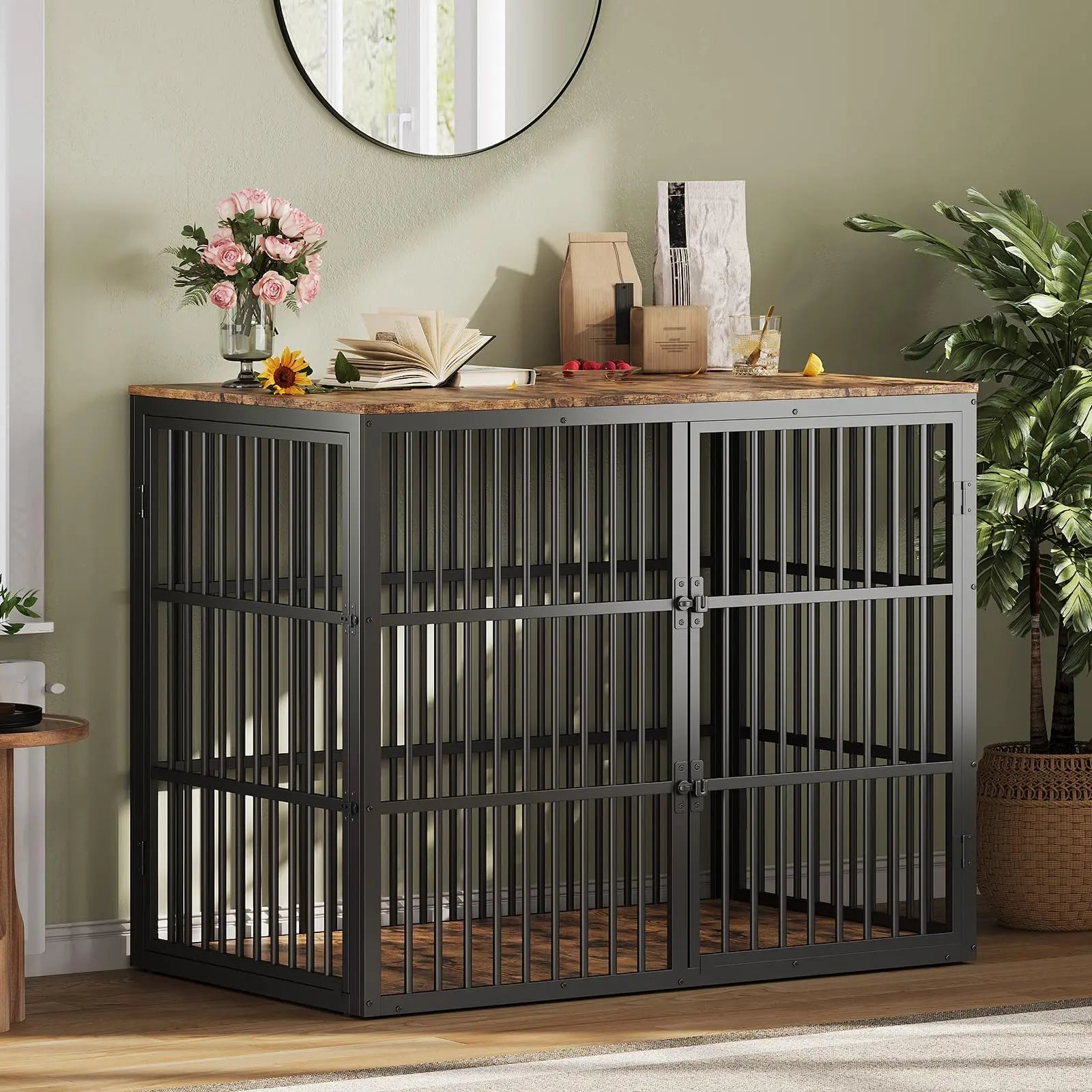 48" Dog Crate Furniture, 3-In-1 Dog Kennel with 3 Lockable Doors & Heavy Duty Metal Frame & Wooden Panels, XXL Crate End Table for Medium to Large Breeds