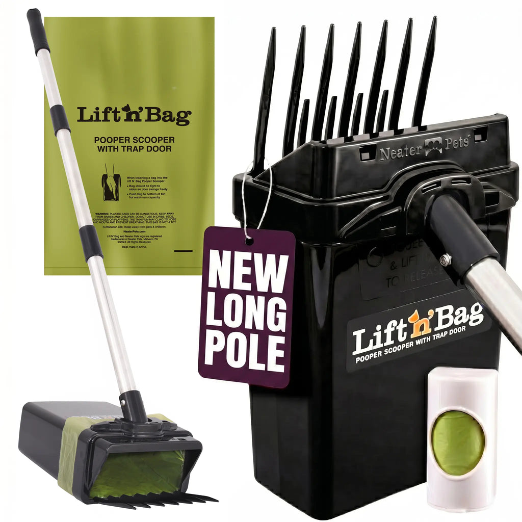 Neater Pets Lift N' Bag Dog Pooper Scooper, NEW 31” Longer Pole - Scoop-To-Bag Design, One-Handed Operation, Extra-Large Bags, Made in USA