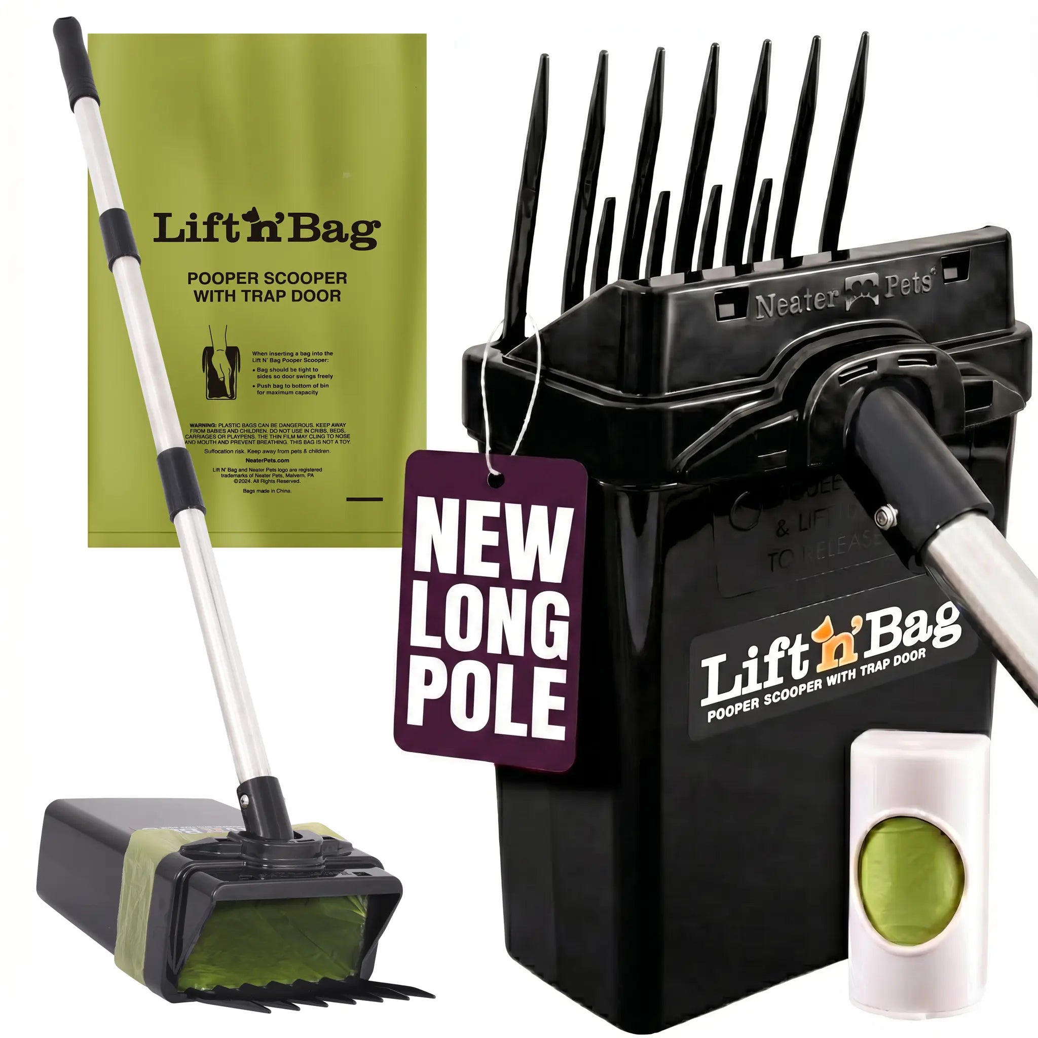 Neater Pets Lift N' Bag Dog Pooper Scooper, NEW 31” Longer Pole - Scoop-To-Bag Design, One-Handed Operation, Extra-Large Bags, Made in USA