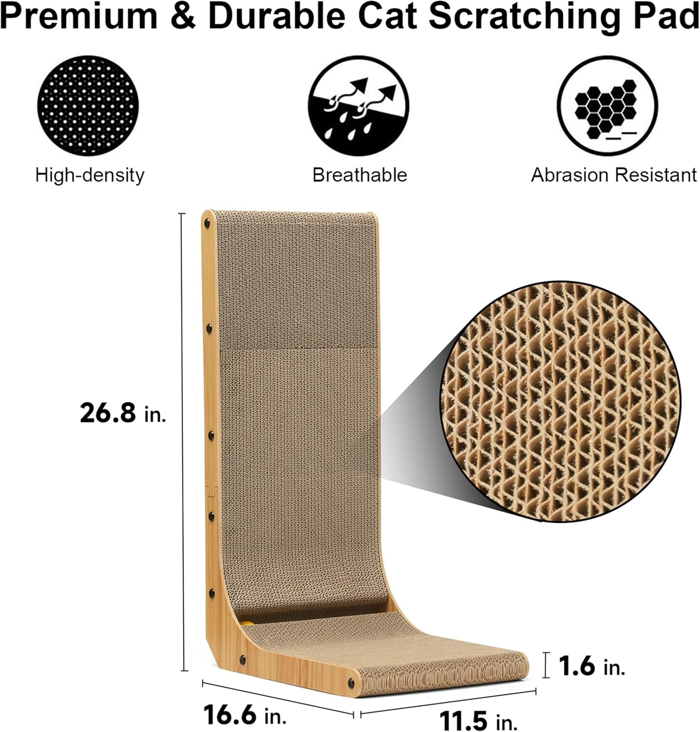 Cat Scratcher, 26.8 Inch L Shaped Cat Scratch Pad for Indoor Cats | Vertical Cat Scratching Board with Ball Cat Toy, Cardboard Cat Scratcher for Wall Sofa Couch, Kitten Scratching Post, Large