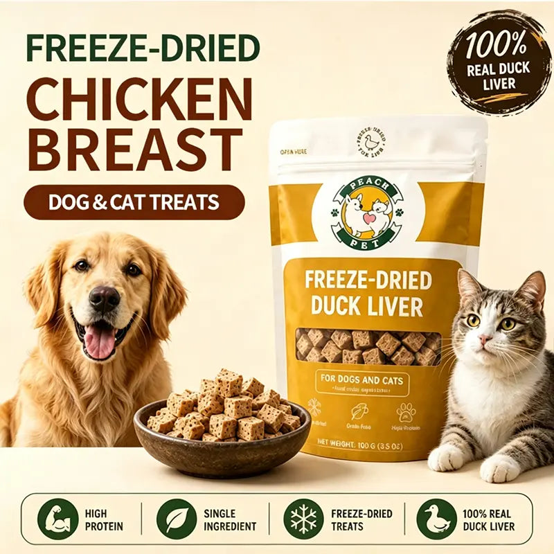 Peach Pet Freeze Dried Duck Liver Dog & Cat Treats, 3.5Oz High-Protein Organ Protein Snacks with No Additives for Pets Backtoschool