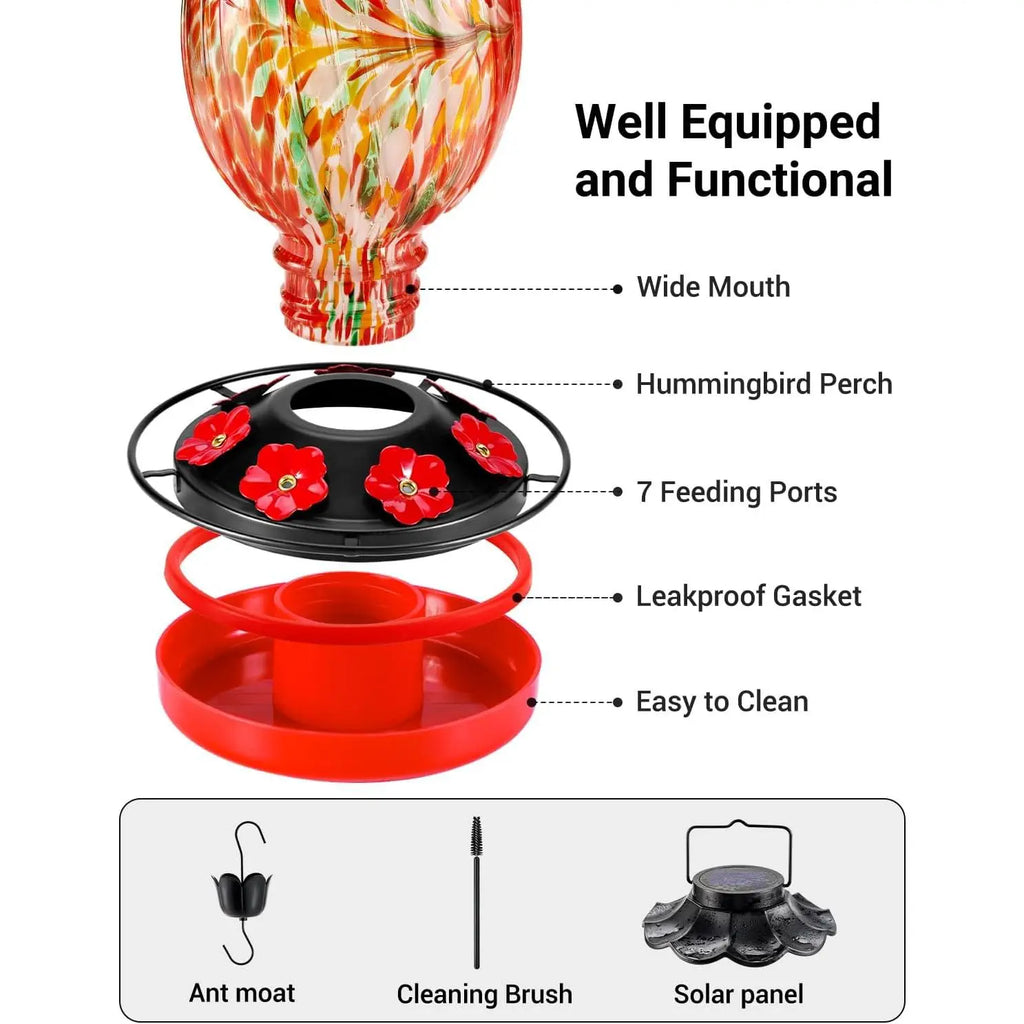 Solar Hummingbird Feeder - 49 Fl.Oz Hand Blown Glass Color Changing - 7 Feeding Ports with Perch - Never Leak - Hummingbird Feeder