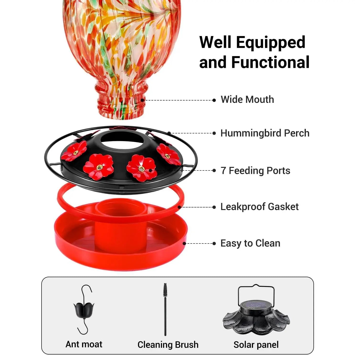 Solar Hummingbird Feeder - 49 Fl.Oz Hand Blown Glass Color Changing - 7 Feeding Ports with Perch - Never Leak - Hummingbird Feeder