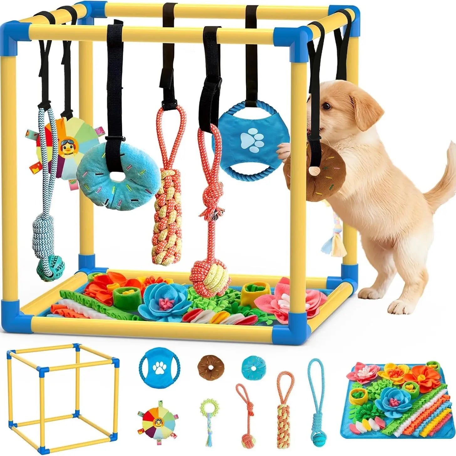 Indoor Puppy Play Set with PVC Frame, Stretchy with PVC Frame, Stretch…Velcro Rope, Foraging Snuffle Mat & 8 Toy Variety - Bite-Resistant Training Aid, Interactive Indoor Enrichment for Small Dogs , Puppy Training Tools