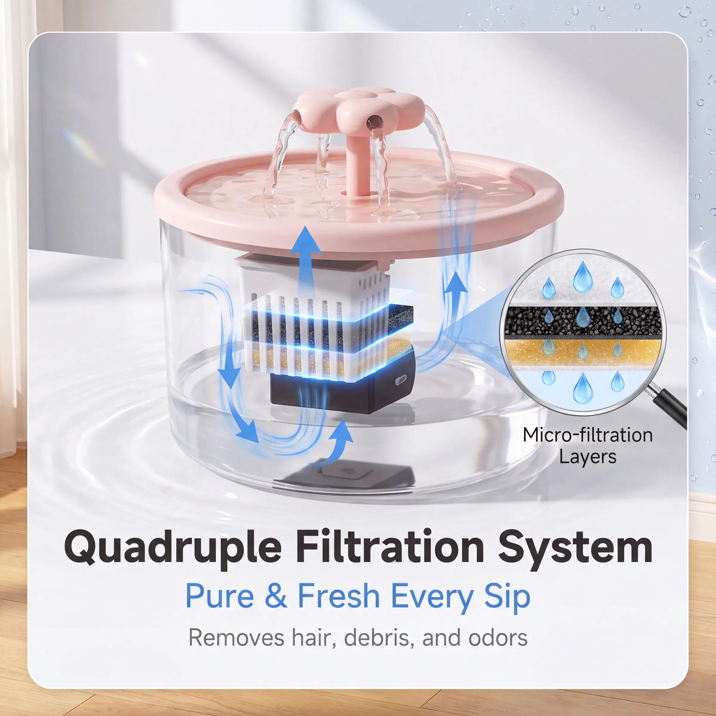Cat Fountain Water Dispenser, Transparent Design, Quiet Operation, USB Powered, Recirculating Filter, Indoor Cat Drinking Accessory
