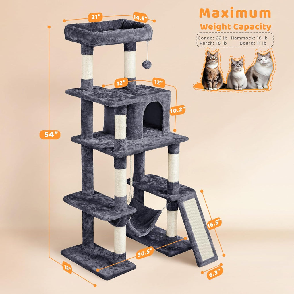 Yaheetech 54In Cat Tree Tower for Large Cats, Multi-Level Condo & Hammock | Sisal Scratching Posts, Roomy Condo Holds up to 22 Lb, a Wide 21-Inch Top Perch Fit Large Cats, Dark Gray