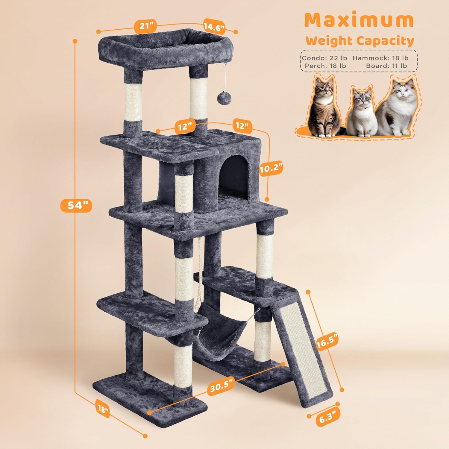 Yaheetech 54In Cat Tree Tower for Large Cats, Multi-Level Condo & Hammock | Sisal Scratching Posts, Roomy Condo Holds up to 22 Lb, a Wide 21-Inch Top Perch Fit Large Cats, Dark Gray