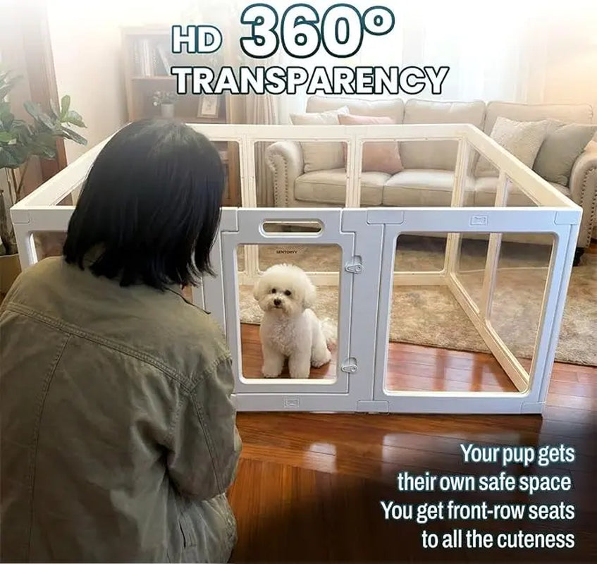 Transparent Indoor Dog Playpen with Safety Lock, Indoor Dog Fence for Small & Medium Pets | Secure, Stylish, Easy Clean Play Pen for Dogs & Pets with Scratch Resistant Panels (White, 8/10/12 Panel)