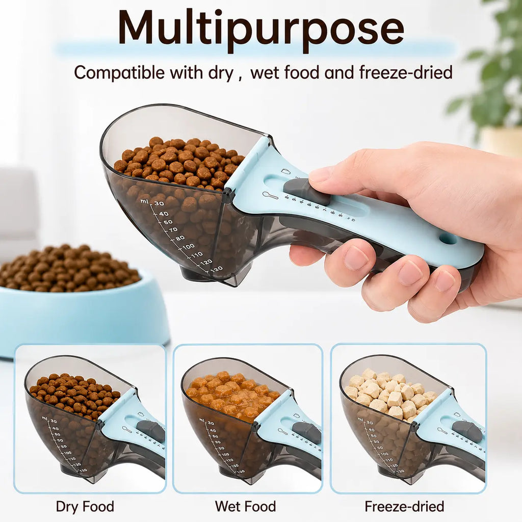 CATMUSE Adjustable Food-Grade Pet Food Scoop with Clear Measuring Scale, 1-Hand Operation Kibble Scooper for Cats & Small Dogs, Free Feather Cat Toy Included