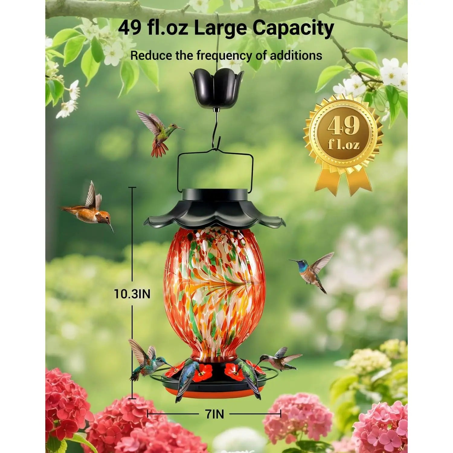 Solar Hummingbird Feeder - 49 Fl.Oz Hand Blown Glass Color Changing - 7 Feeding Ports with Perch - Never Leak - Hummingbird Feeder