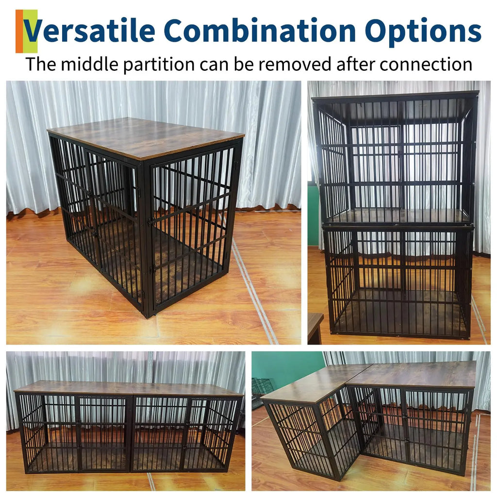 48" Dog Crate Furniture, 3-In-1 Dog Kennel with 3 Lockable Doors & Heavy Duty Metal Frame & Wooden Panels, XXL Crate End Table for Medium to Large Breeds