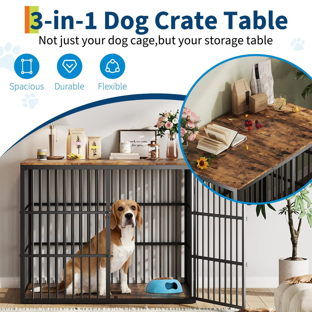 48" Dog Crate Furniture, 3-In-1 Dog Kennel with 3 Lockable Doors & Heavy Duty Metal Frame & Wooden Panels, XXL Crate End Table for Medium to Large Breeds