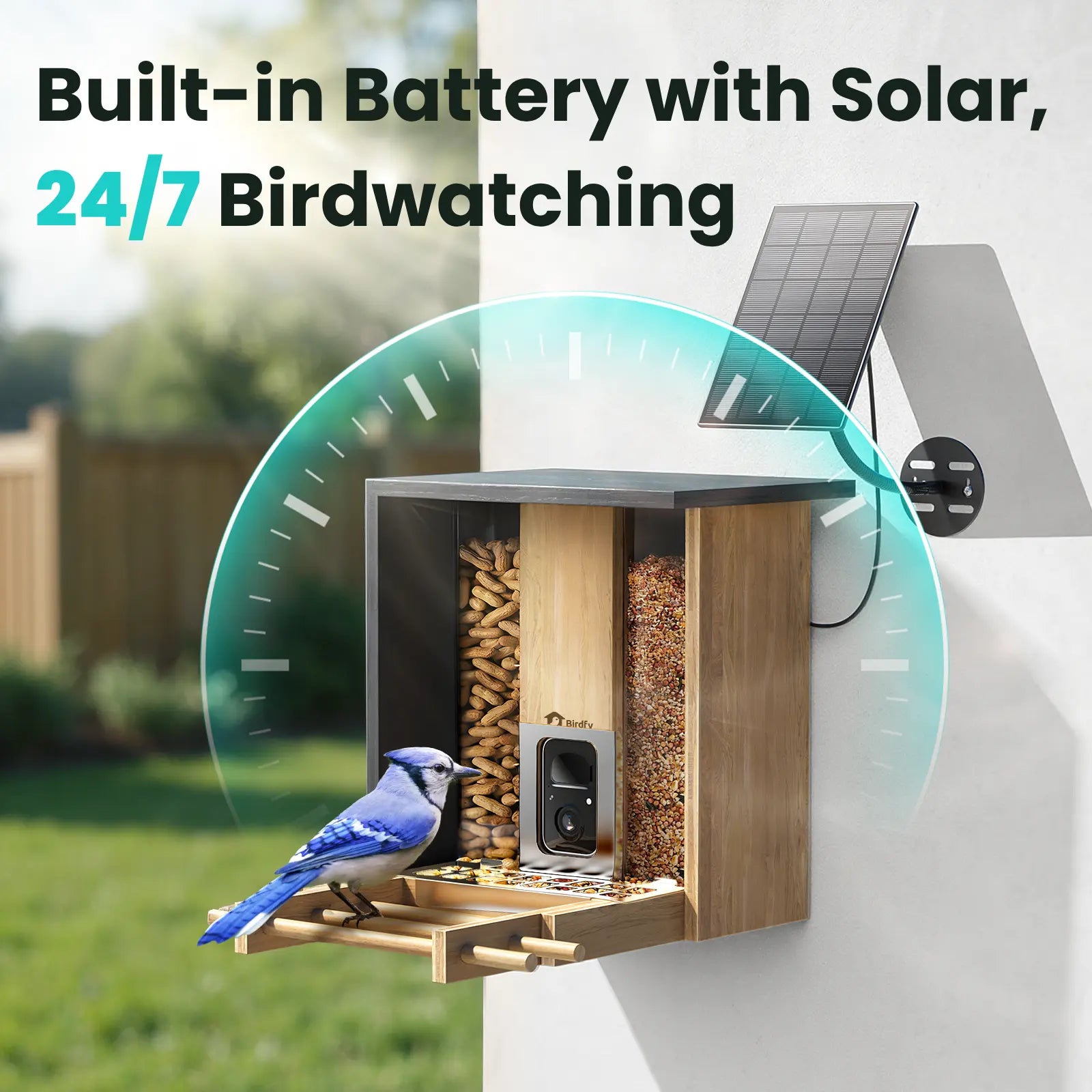 Birdfy Smart Bird Feeder with Camera, Solar Powered 2K Live Tream Bamboo Wood Feeder& Metal Guard, AI Identify Birds & Auto Record Video, Wild Birds Watching Ideal Gift for Chistmas for Mom,Bird-Lover, Summervibes, Petlovers