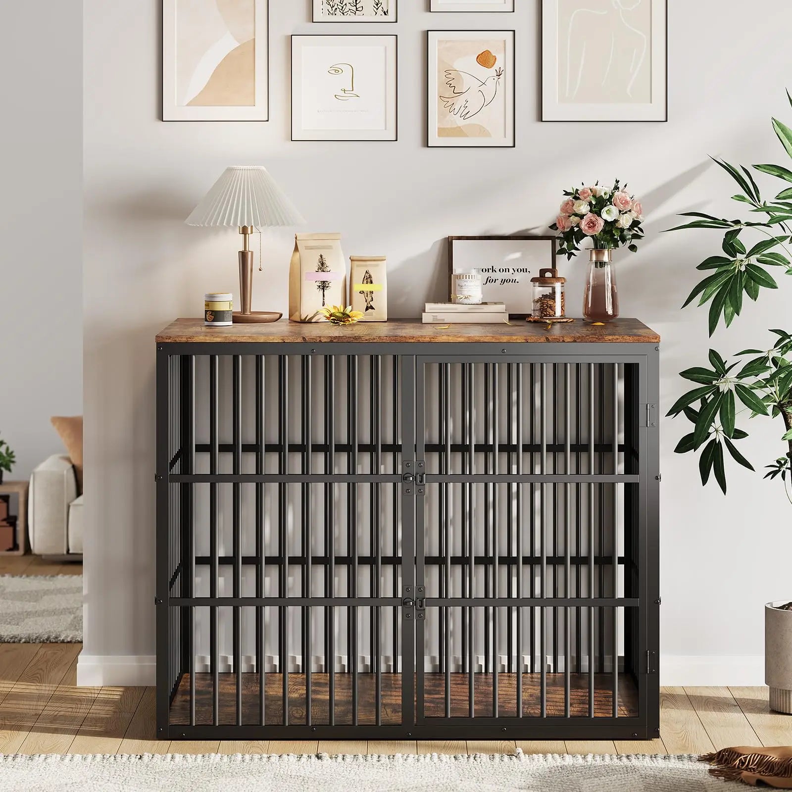48" Dog Crate Furniture, 3-In-1 Dog Kennel with 3 Lockable Doors & Heavy Duty Metal Frame & Wooden Panels, XXL Crate End Table for Medium to Large Breeds