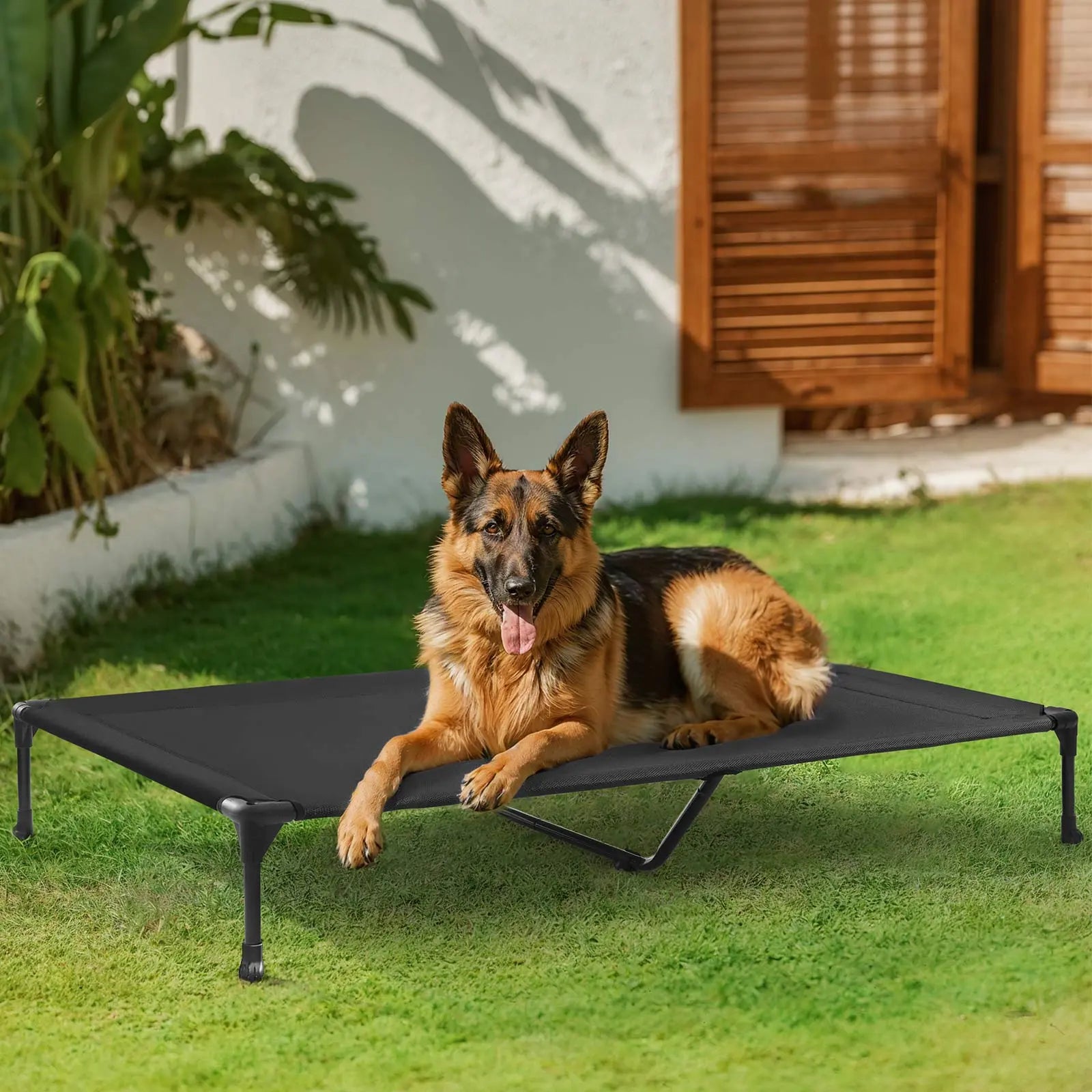 Veehoo Outdoor Elevated Dog Bed Large Sized Dogs, Large Cooling Raised Dog Cots Beds Training Platform off Ground Hammock with Breathable Mesh, No-Slip Feet, 42"X30", Black