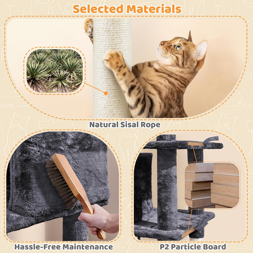 Yaheetech 54In Cat Tree Tower for Large Cats, Multi-Level Condo & Hammock | Sisal Scratching Posts, Roomy Condo Holds up to 22 Lb, a Wide 21-Inch Top Perch Fit Large Cats, Dark Gray