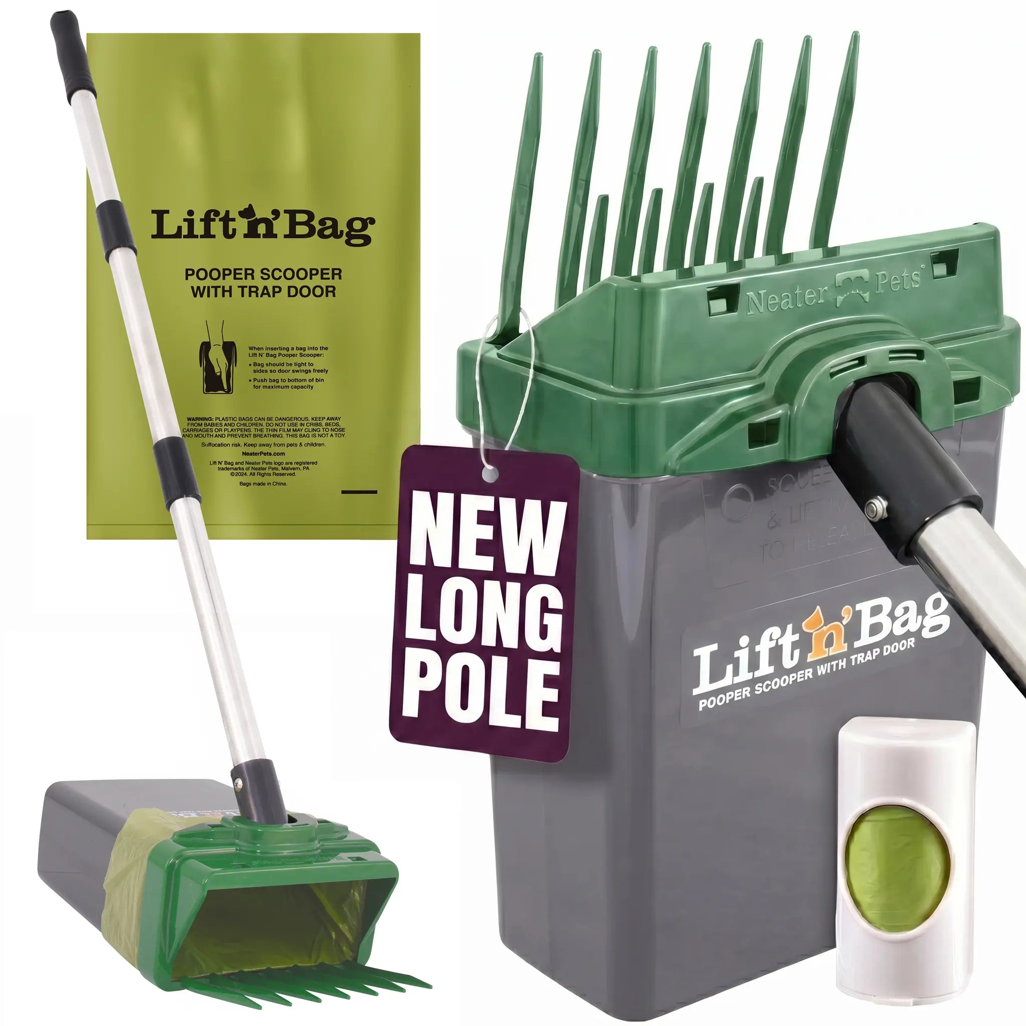 Neater Pets Lift N' Bag Dog Pooper Scooper, NEW 31” Longer Pole - Scoop-To-Bag Design, One-Handed Operation, Extra-Large Bags, Made in USA