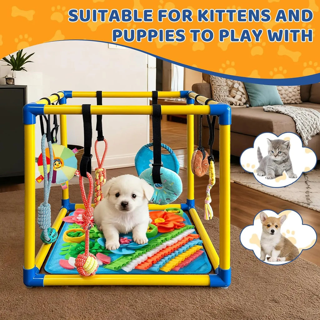 Indoor Puppy Play Set with PVC Frame, Stretchy with PVC Frame, Stretch…Velcro Rope, Foraging Snuffle Mat & 8 Toy Variety - Bite-Resistant Training Aid, Interactive Indoor Enrichment for Small Dogs , Puppy Training Tools