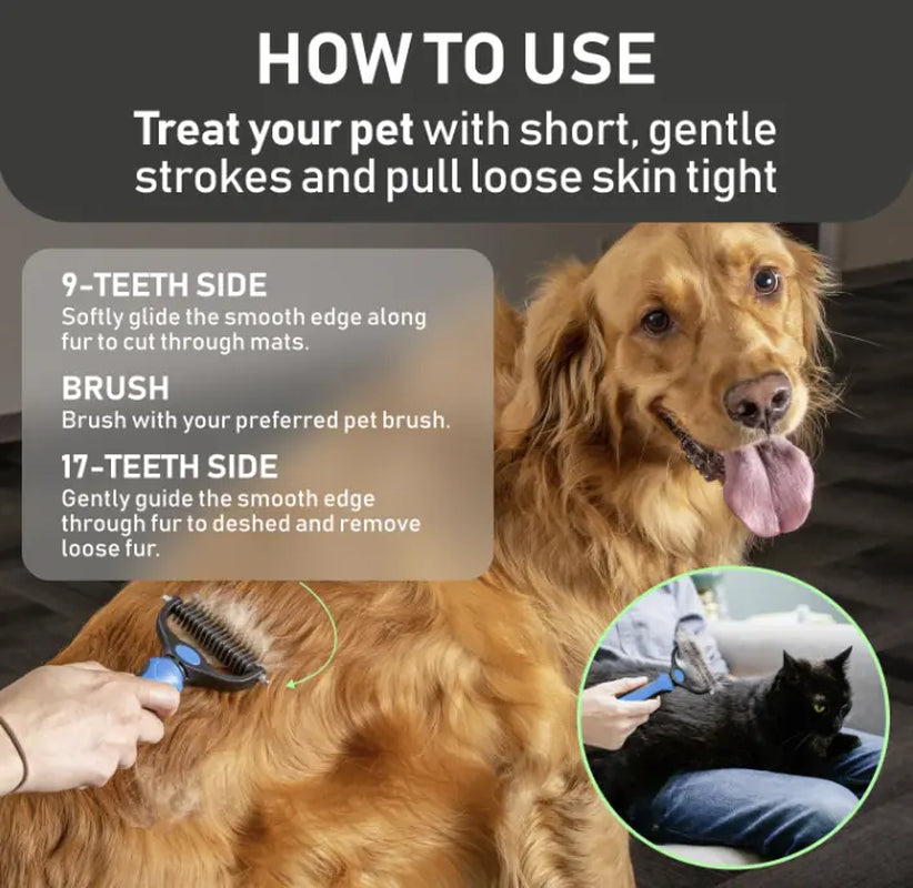 TQT Pet Grooming Brush - Double Sided Shedding and Dematting Undercoat Rake Comb for Dogs and Cats, No More Nasty Shedding or Flying Hair