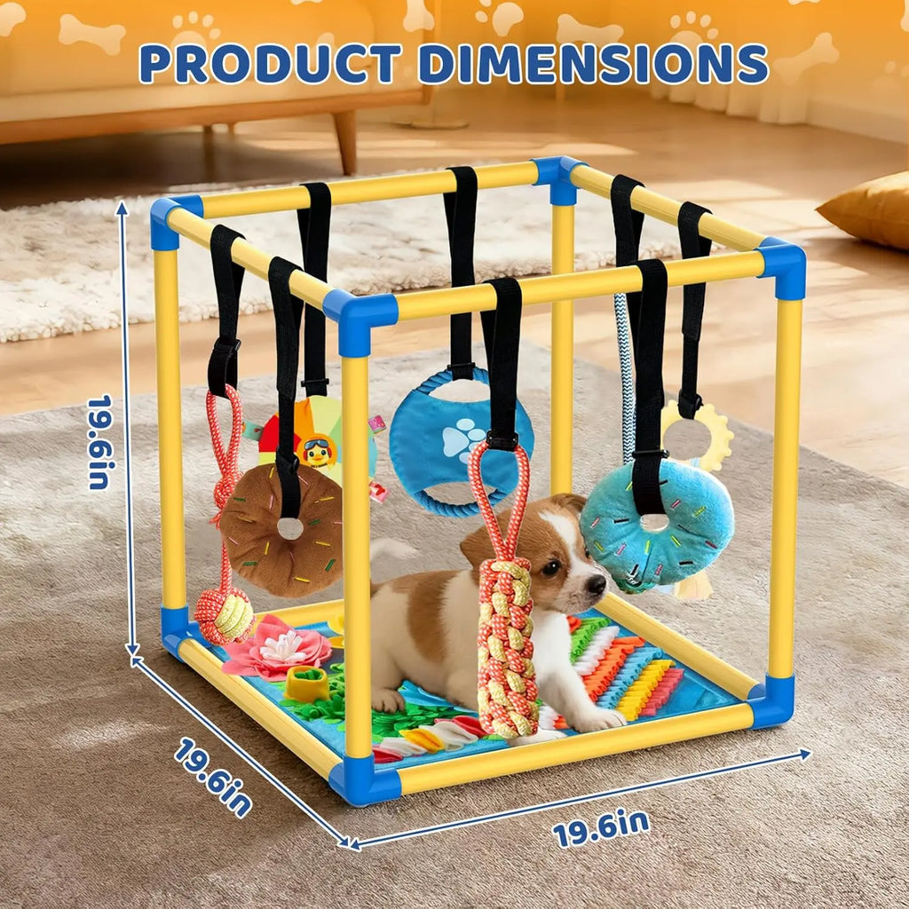 Indoor Puppy Play Set with PVC Frame, Stretchy with PVC Frame, Stretch…Velcro Rope, Foraging Snuffle Mat & 8 Toy Variety - Bite-Resistant Training Aid, Interactive Indoor Enrichment for Small Dogs , Puppy Training Tools