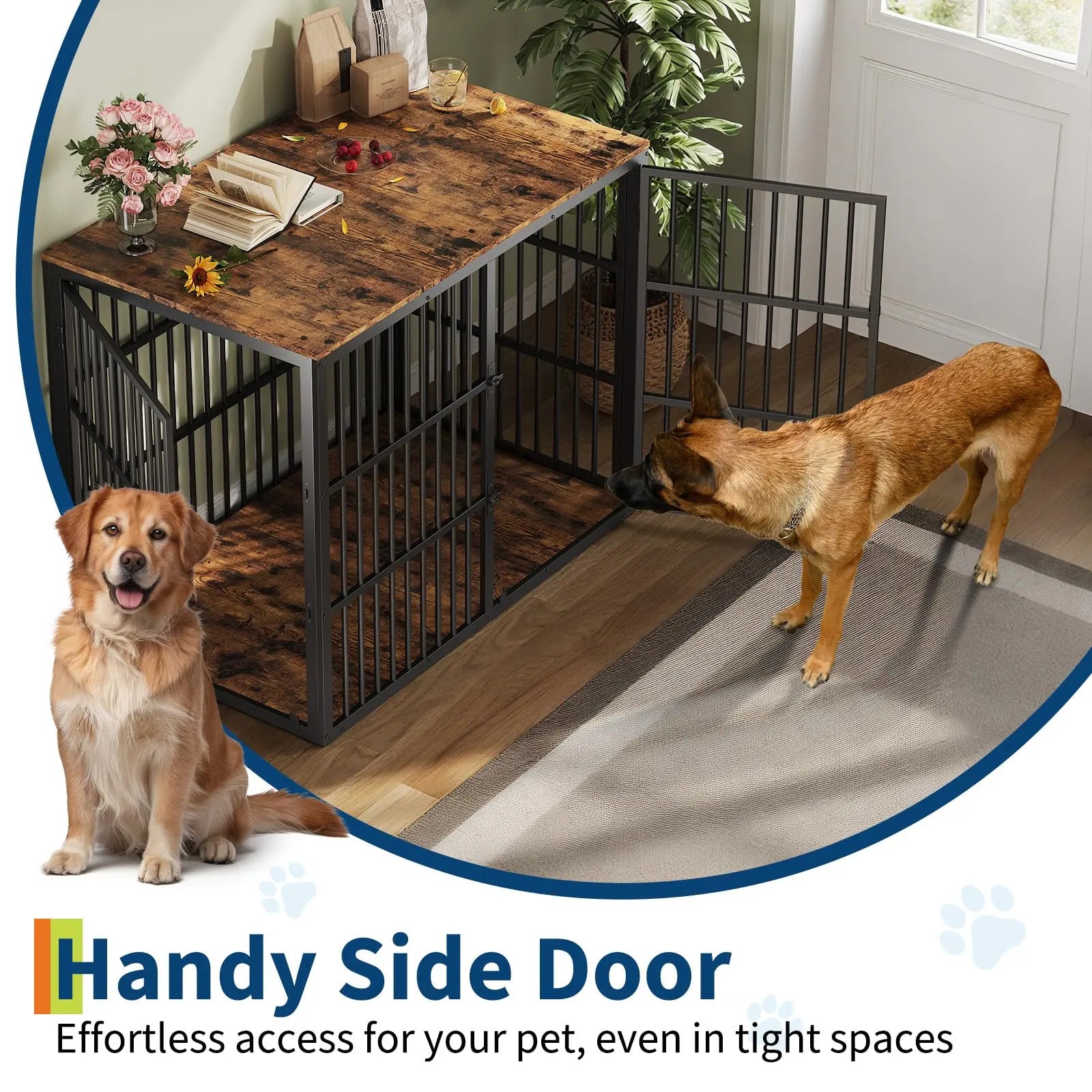 48" Dog Crate Furniture, 3-In-1 Dog Kennel with 3 Lockable Doors & Heavy Duty Metal Frame & Wooden Panels, XXL Crate End Table for Medium to Large Breeds