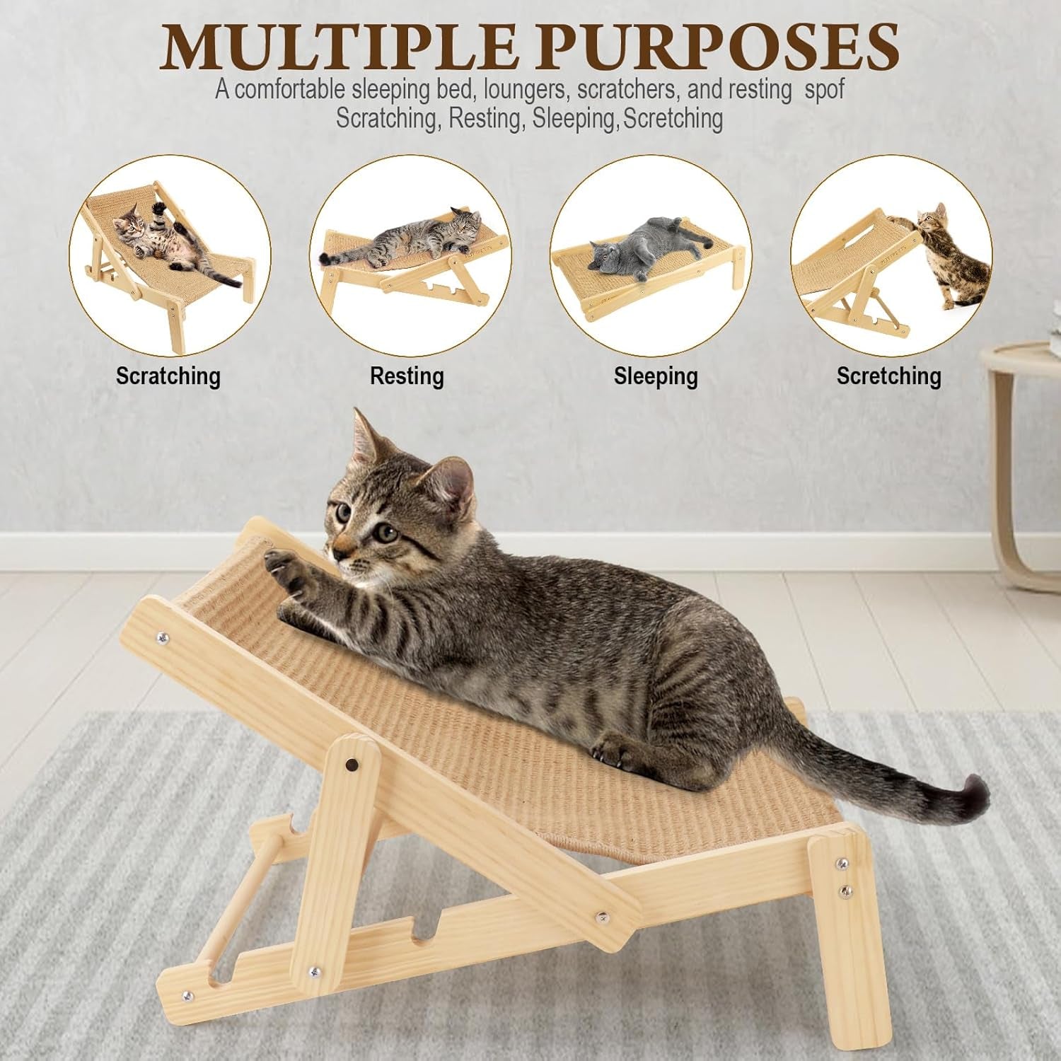 Sisal Cat Scratcher, Adjustable 4-Position Cats Scratcher Lounge | 2-In-1 Cat Chair for Indoor Cats, Cat Hammock for Scratching Pad,Natural Sisal Scratch Post,Space-Saving Lounger Chair Design