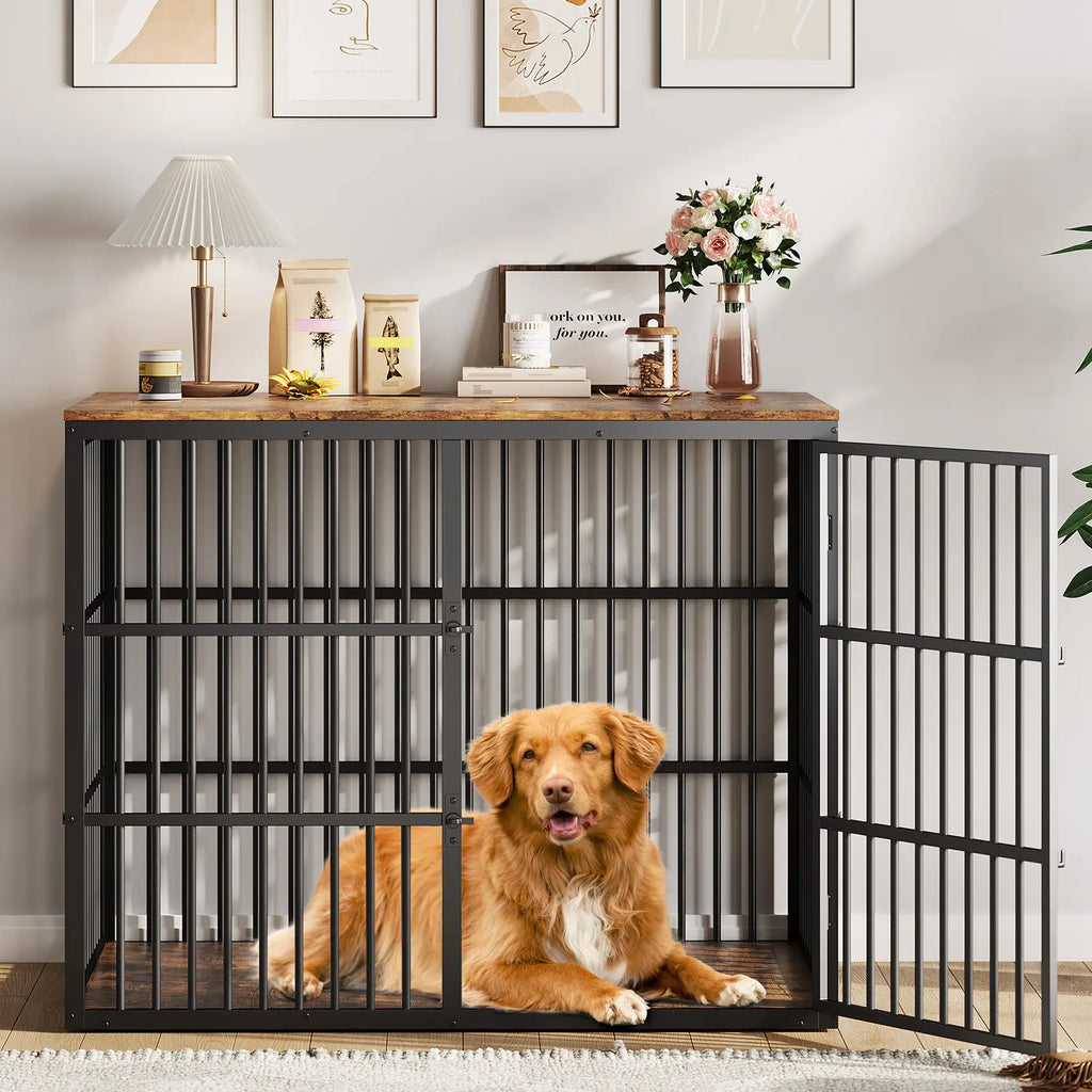 48" Dog Crate Furniture, 3-In-1 Dog Kennel with 3 Lockable Doors & Heavy Duty Metal Frame & Wooden Panels, XXL Crate End Table for Medium to Large Breeds