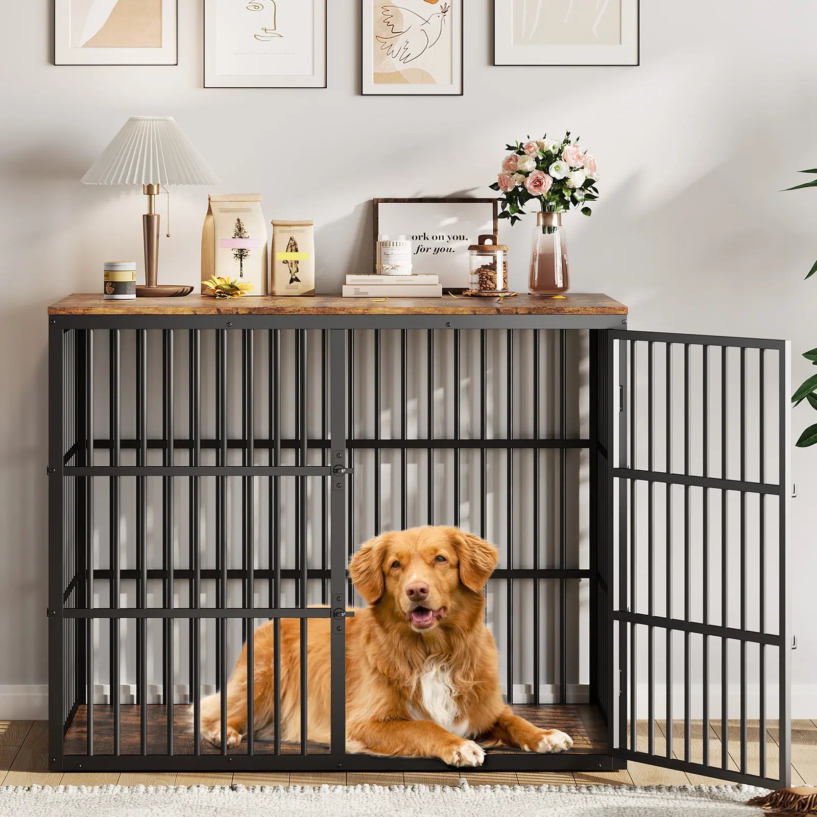 48" Dog Crate Furniture, 3-In-1 Dog Kennel with 3 Lockable Doors & Heavy Duty Metal Frame & Wooden Panels, XXL Crate End Table for Medium to Large Breeds