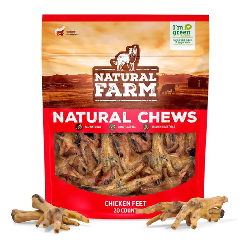 Natural Farm Chicken Feet for Dogs - 20 Count, 100% Free-Range, Crunchy, Glucosamine & Chondroitin, Senior Dog Treat, Low Odor, Fully Digestible