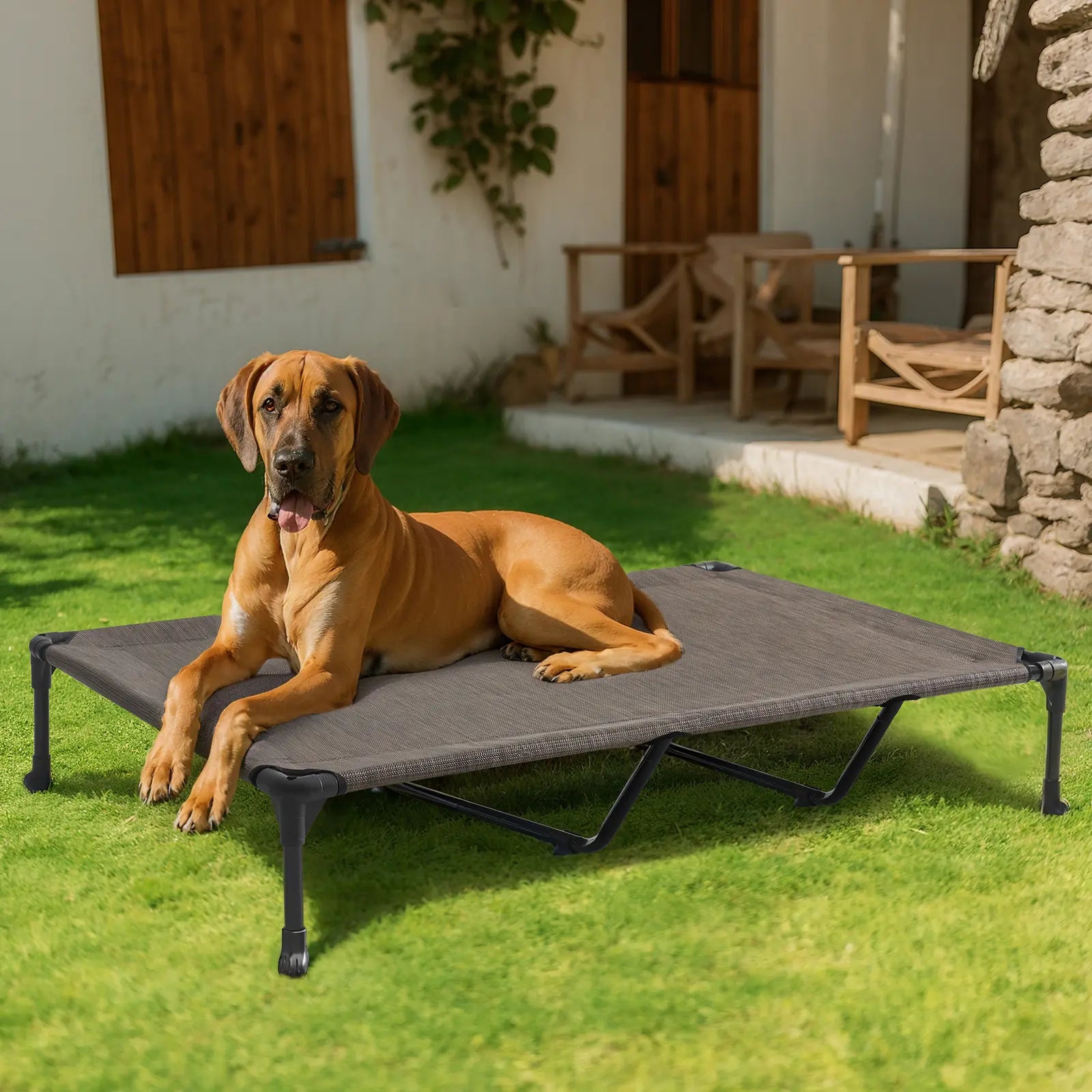 Veehoo Outdoor Elevated Dog Bed Large Sized Dogs, Large Cooling Raised Dog Cots Beds Training Platform off Ground Hammock with Breathable Mesh, No-Slip Feet, 42"X30", Black