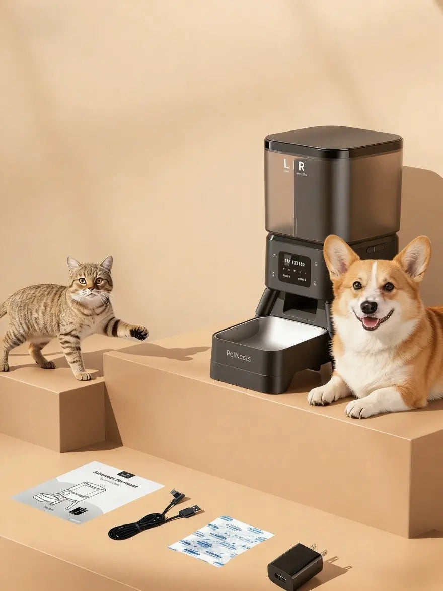 Palnests Dual-Cavity Smart Automatic Pet Feeder, 4L Dry Food Dispenser with Stainless Steel Bowls, Timed Dual-Band 2.4Ghz & 5Ghz Wifi, Airtight Freshness-Locking, App Control, Personalized Feeding Plans, Powered for Cats & Small/Medium Dogs, Power Supply,