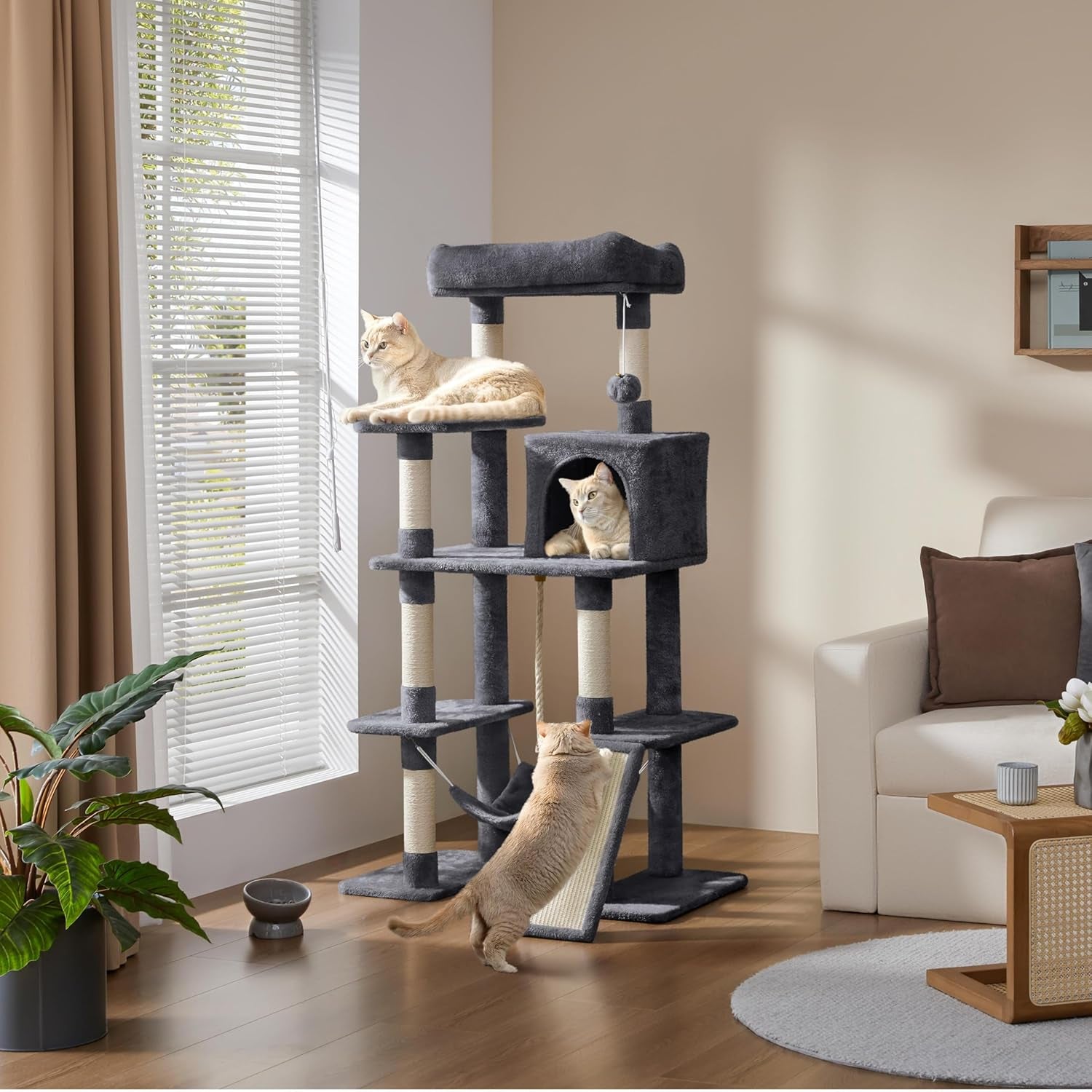 Yaheetech 54In Cat Tree Tower for Large Cats, Multi-Level Condo & Hammock | Sisal Scratching Posts, Roomy Condo Holds up to 22 Lb, a Wide 21-Inch Top Perch Fit Large Cats, Dark Gray