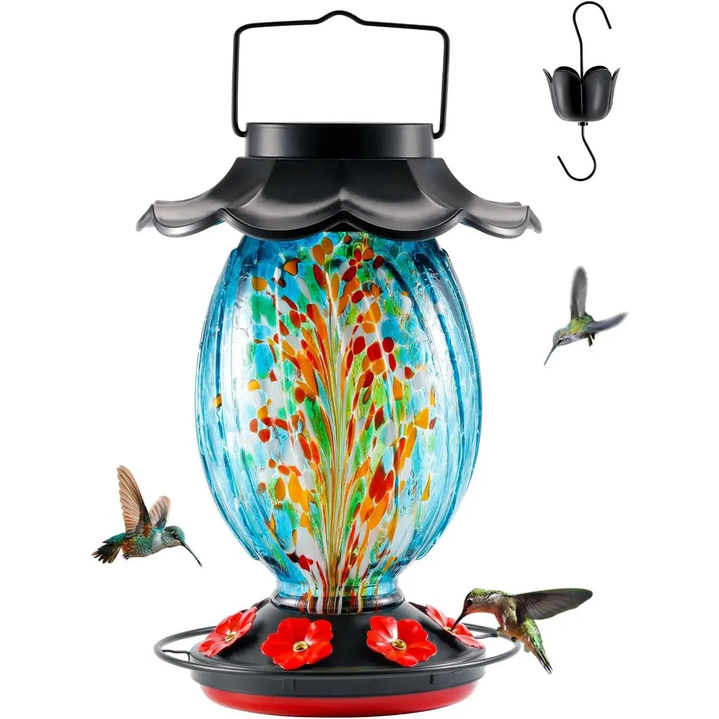 Solar Hummingbird Feeder - 49 Fl.Oz Hand Blown Glass Color Changing - 7 Feeding Ports with Perch - Never Leak - Hummingbird Feeder
