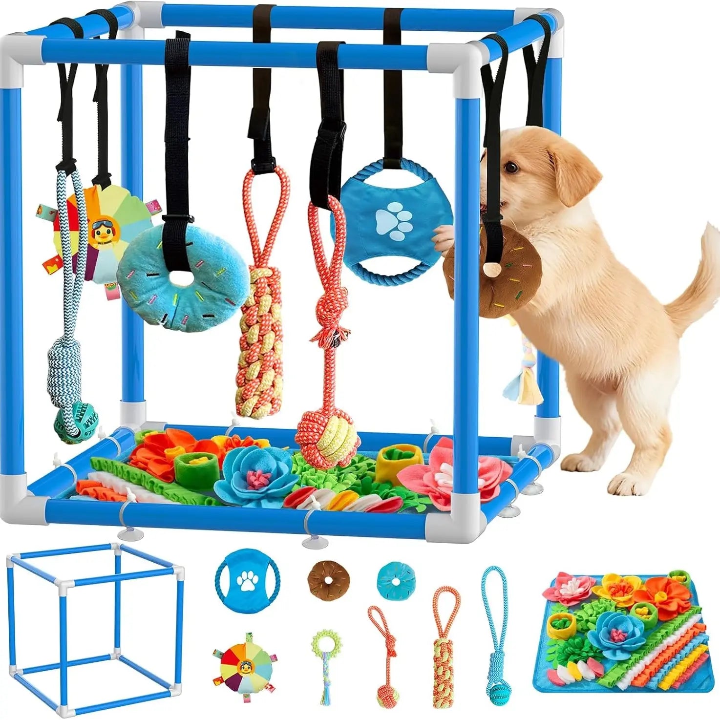 Indoor Puppy Play Set with PVC Frame, Stretchy with PVC Frame, Stretch…Velcro Rope, Foraging Snuffle Mat & 8 Toy Variety - Bite-Resistant Training Aid, Interactive Indoor Enrichment for Small Dogs , Puppy Training Tools