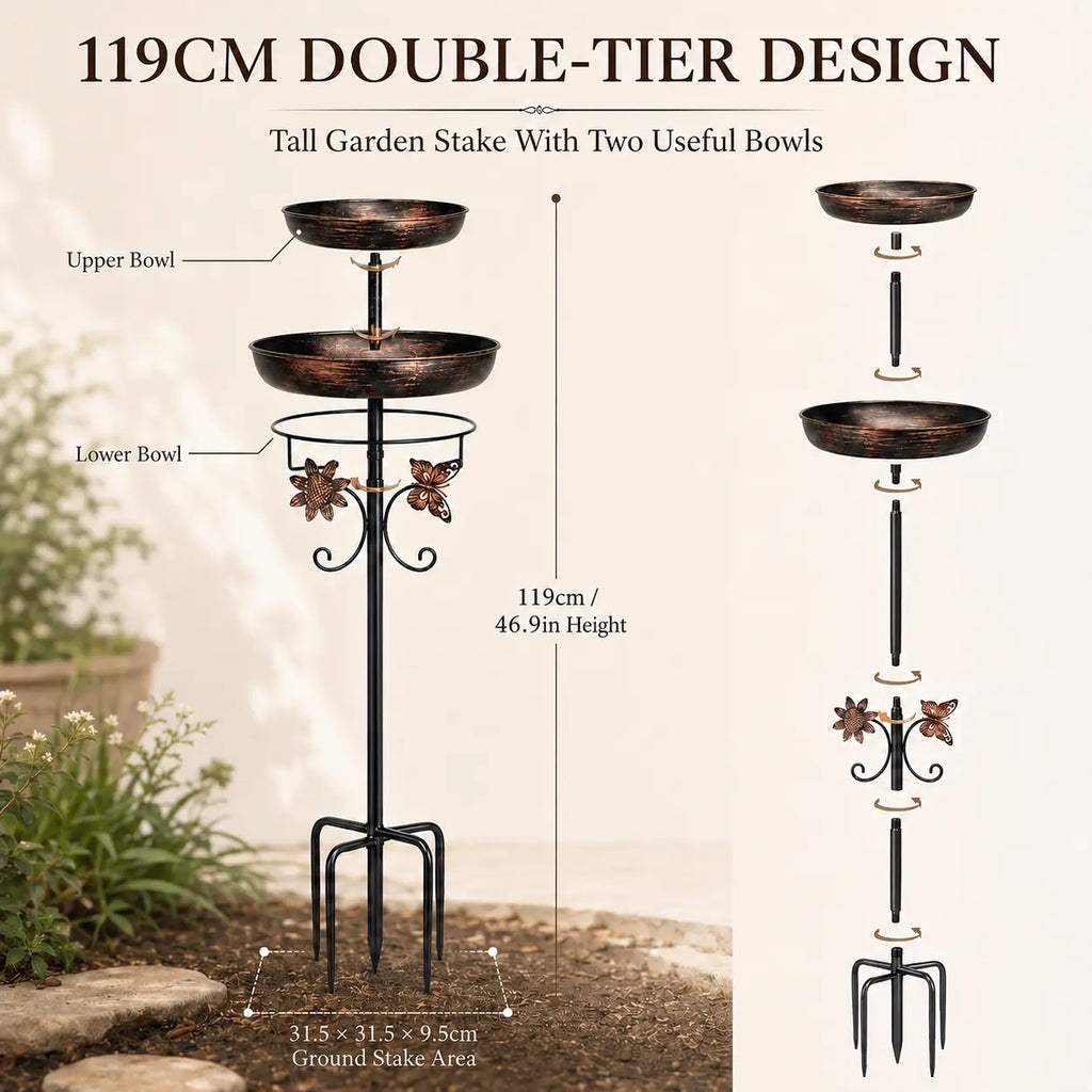 119Cm Metal Bird Bath Feeder for Outdoors, 2-Tier Bird Bath and Feeder Stand, Garden Yard Decor for Wild Birds