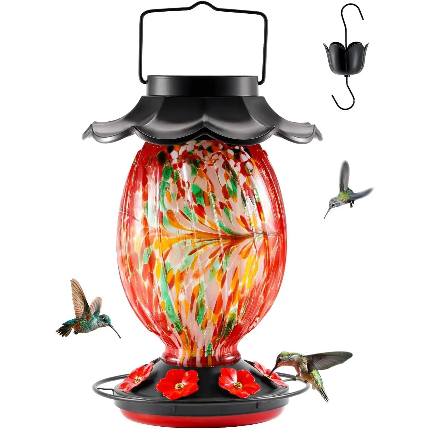 Solar Hummingbird Feeder - 49 Fl.Oz Hand Blown Glass Color Changing - 7 Feeding Ports with Perch - Never Leak - Hummingbird Feeder