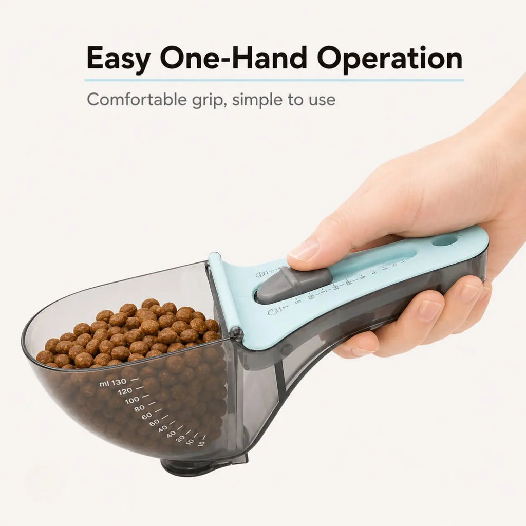 CATMUSE Adjustable Food-Grade Pet Food Scoop with Clear Measuring Scale, 1-Hand Operation Kibble Scooper for Cats & Small Dogs, Free Feather Cat Toy Included