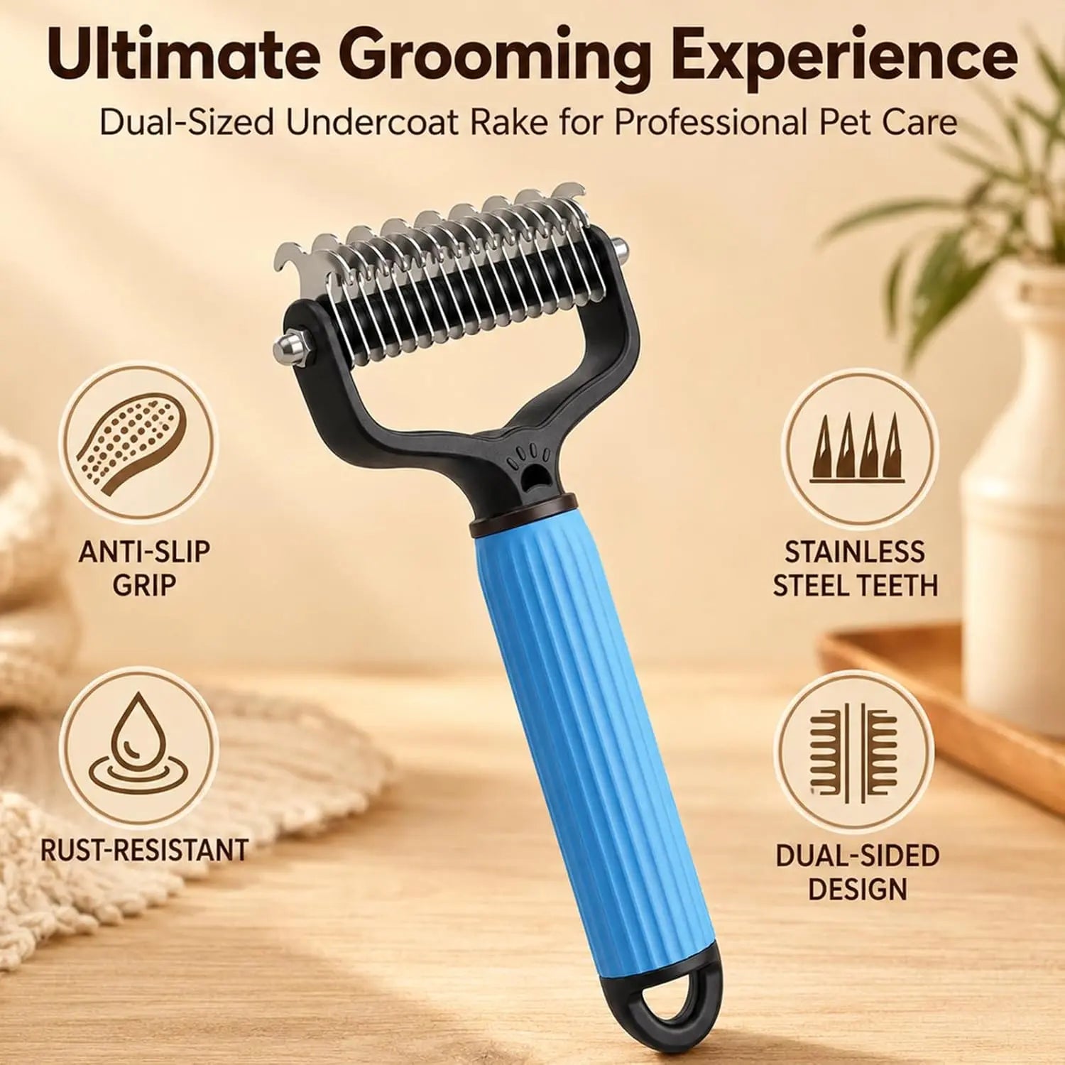 Dual-Sides Stainless Steel Dematting Slicker Comb for Cats & Dogs, Undercoat Rake Grooming Tool for Thick/Long Hair, Dematt & Remove Tangles Knots Loose Fur, Reduces Shedding