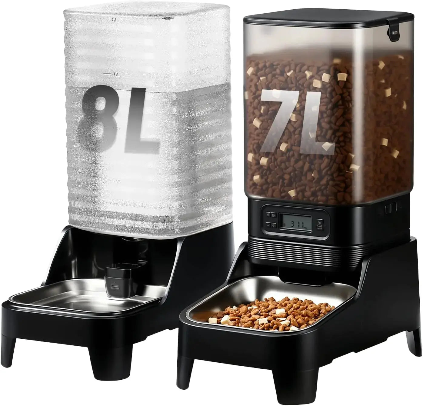 【Marchul】Automatic Pet Feeder & Water Dispenser Combo, 7L Timed Food Dispenser + 8L Gravity Waterer with Stainless Steel Bowls, Raised Anti-Strain Base, up to 6 Programmable Meals, Battery & Plug-In Dual Power for Cats & Small Dogs