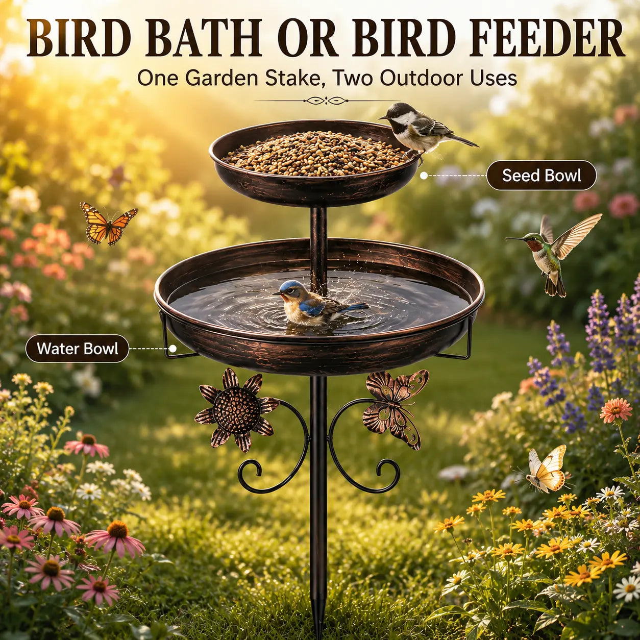 119Cm Metal Bird Bath Feeder for Outdoors, 2-Tier Bird Bath and Feeder Stand, Garden Yard Decor for Wild Birds