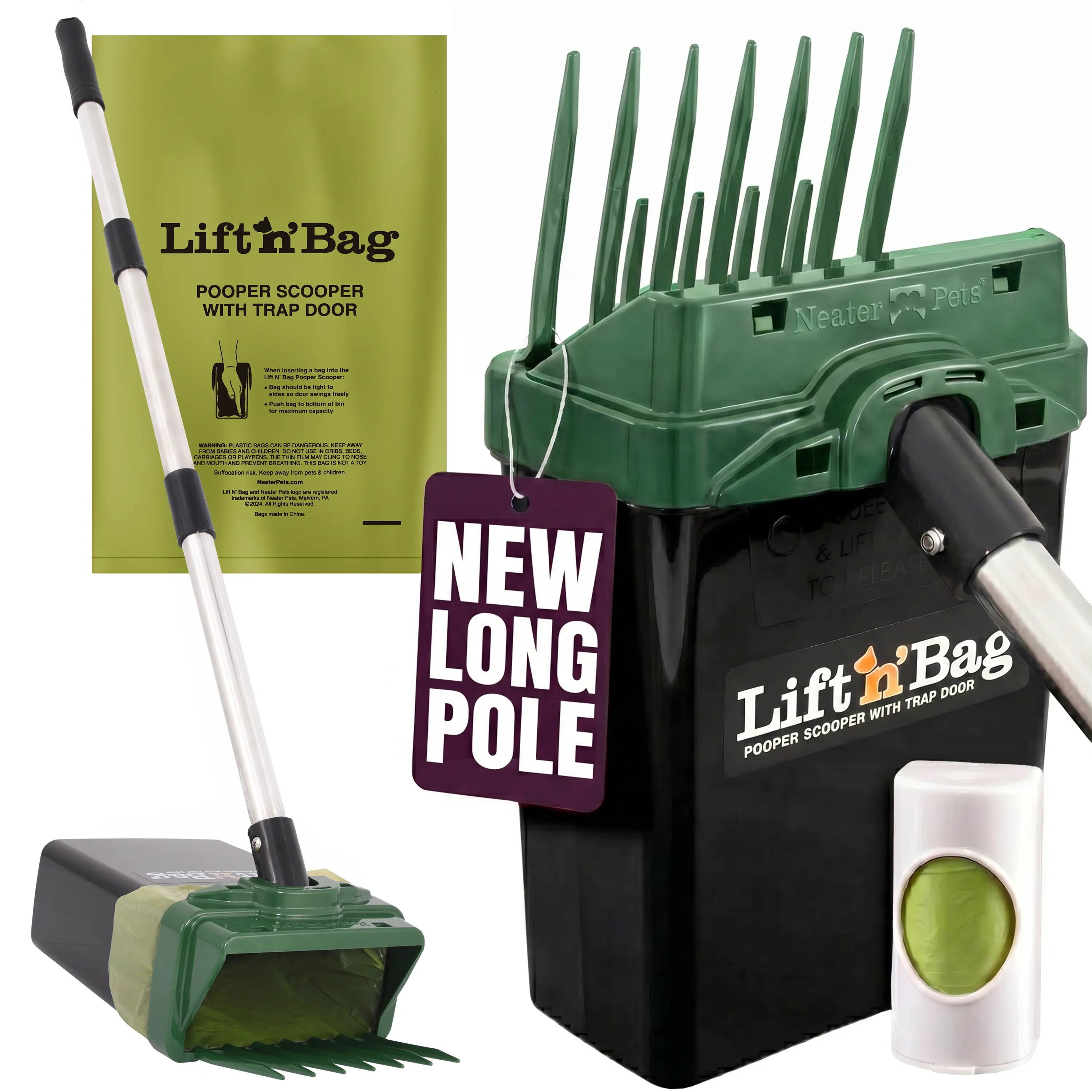 Neater Pets Lift N' Bag Dog Pooper Scooper, NEW 31” Longer Pole - Scoop-To-Bag Design, One-Handed Operation, Extra-Large Bags, Made in USA