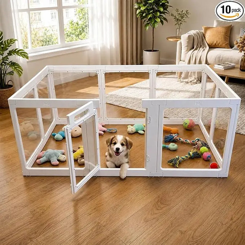 Transparent Indoor Dog Playpen with Safety Lock, Indoor Dog Fence for Small & Medium Pets | Secure, Stylish, Easy Clean Play Pen for Dogs & Pets with Scratch Resistant Panels (White, 8/10/12 Panel)