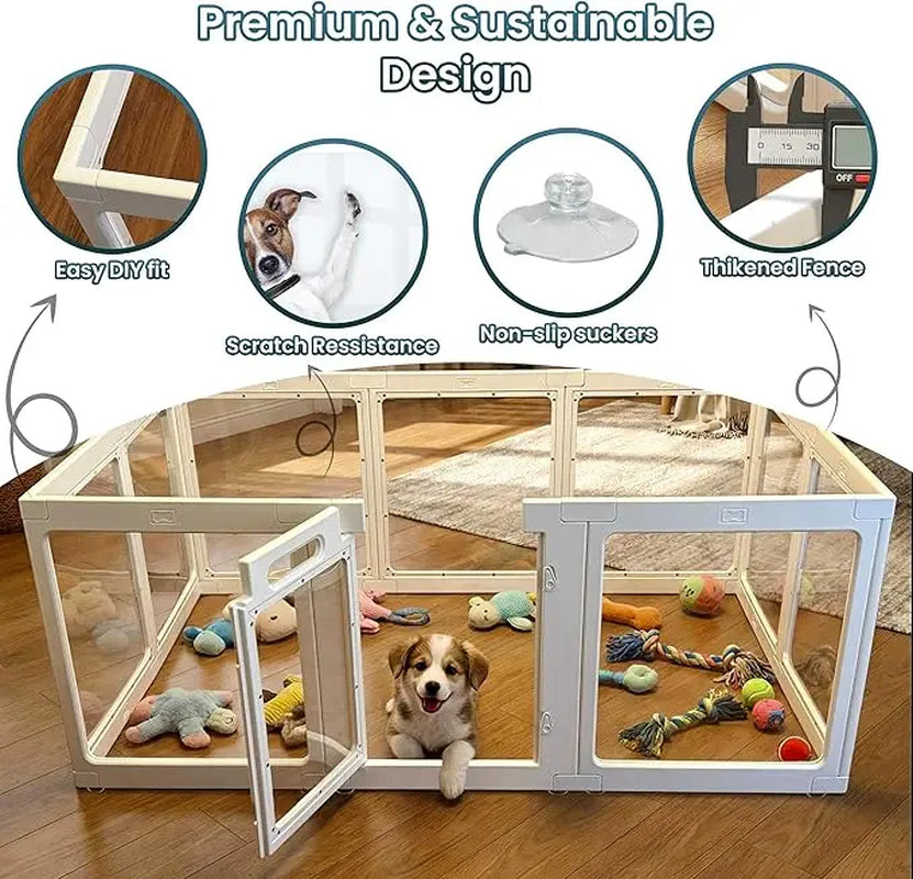Transparent Indoor Dog Playpen with Safety Lock, Indoor Dog Fence for Small & Medium Pets | Secure, Stylish, Easy Clean Play Pen for Dogs & Pets with Scratch Resistant Panels (White, 8/10/12 Panel)